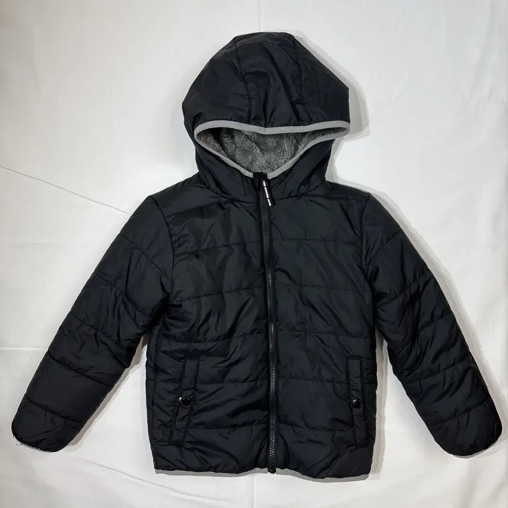 Cat & Jack Boys Black Quilted Puffer Jacket Hooded Fleece Lined Size S (6/7)
